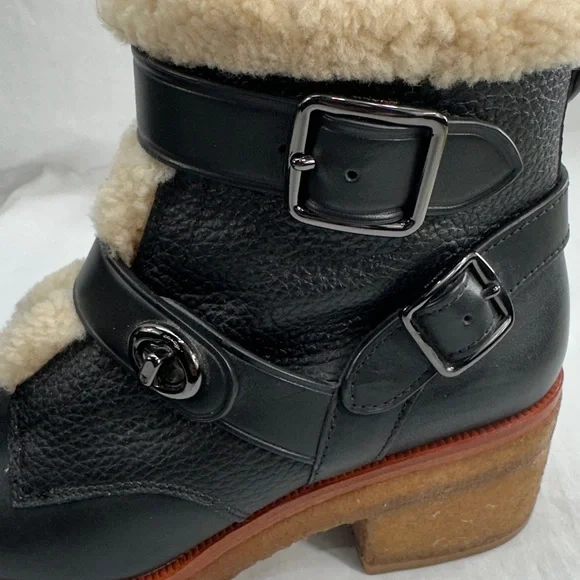 Coach Preston Leather Shearling Ankle Boots Size 9.5B Block Heel Side Zip - Picture 12 of 13